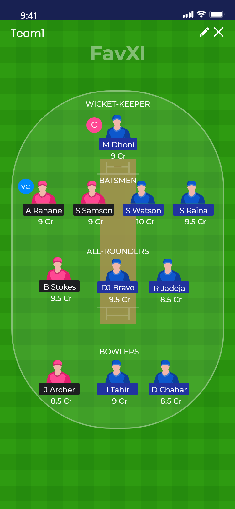 Dream11-Clone Team Preview Screen