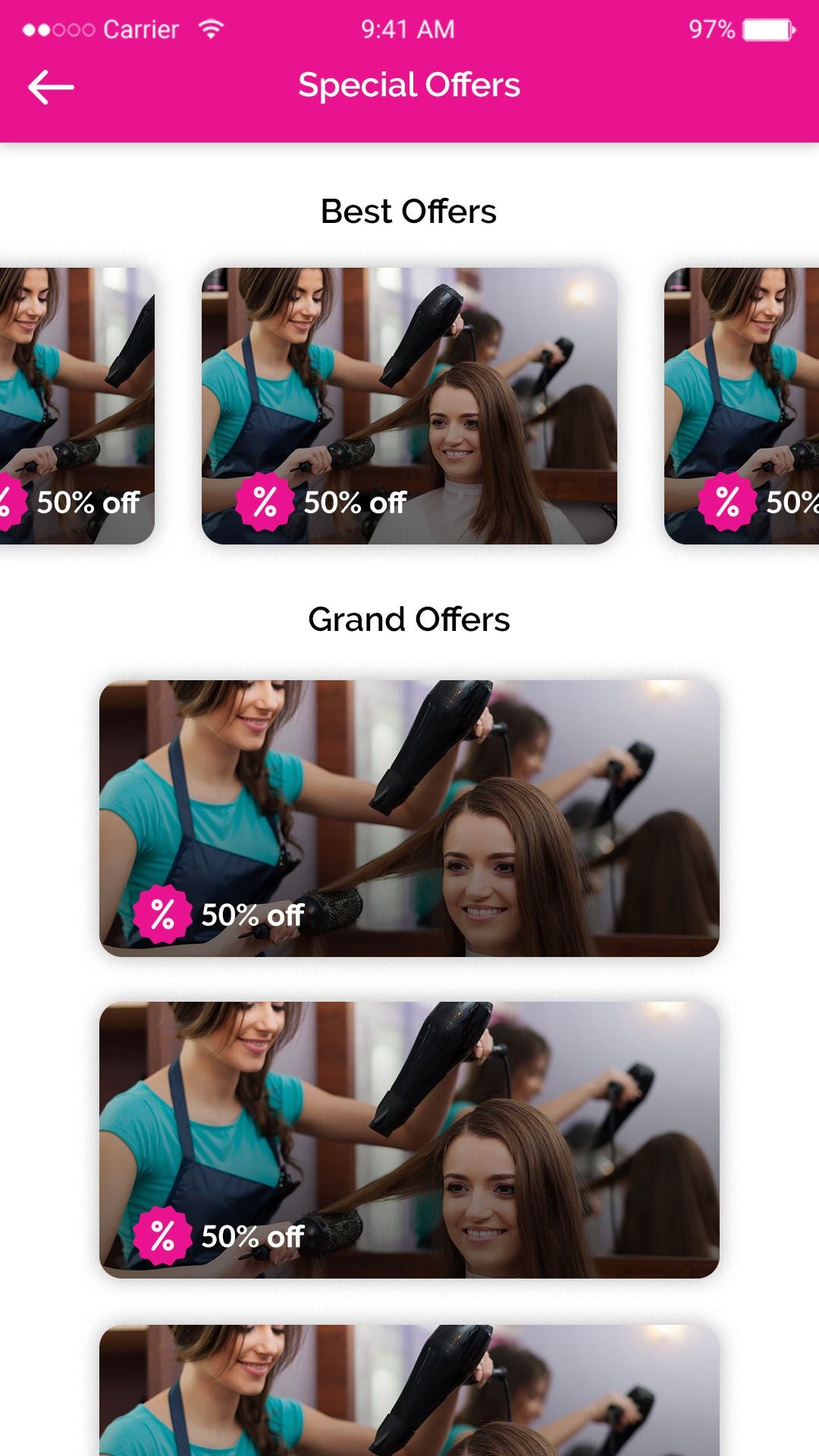 special offers Users can view the list of special offers by the salons.