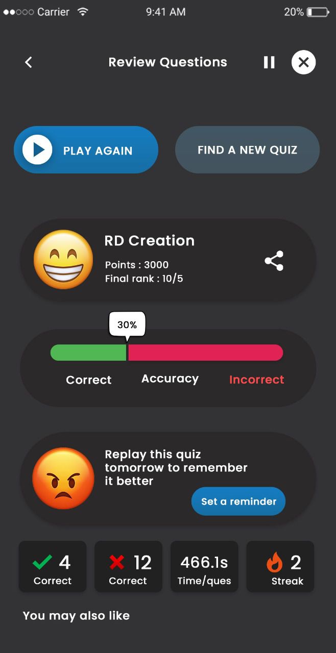 Trivia Game: Review Questions Screen