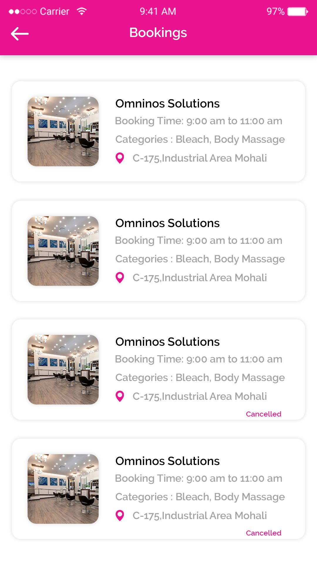 bookings Users can view a list of their scheduled bookings with time and location.