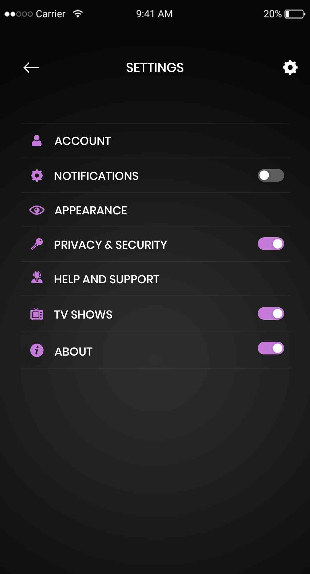 Live Net TV Clone: Settings Screen