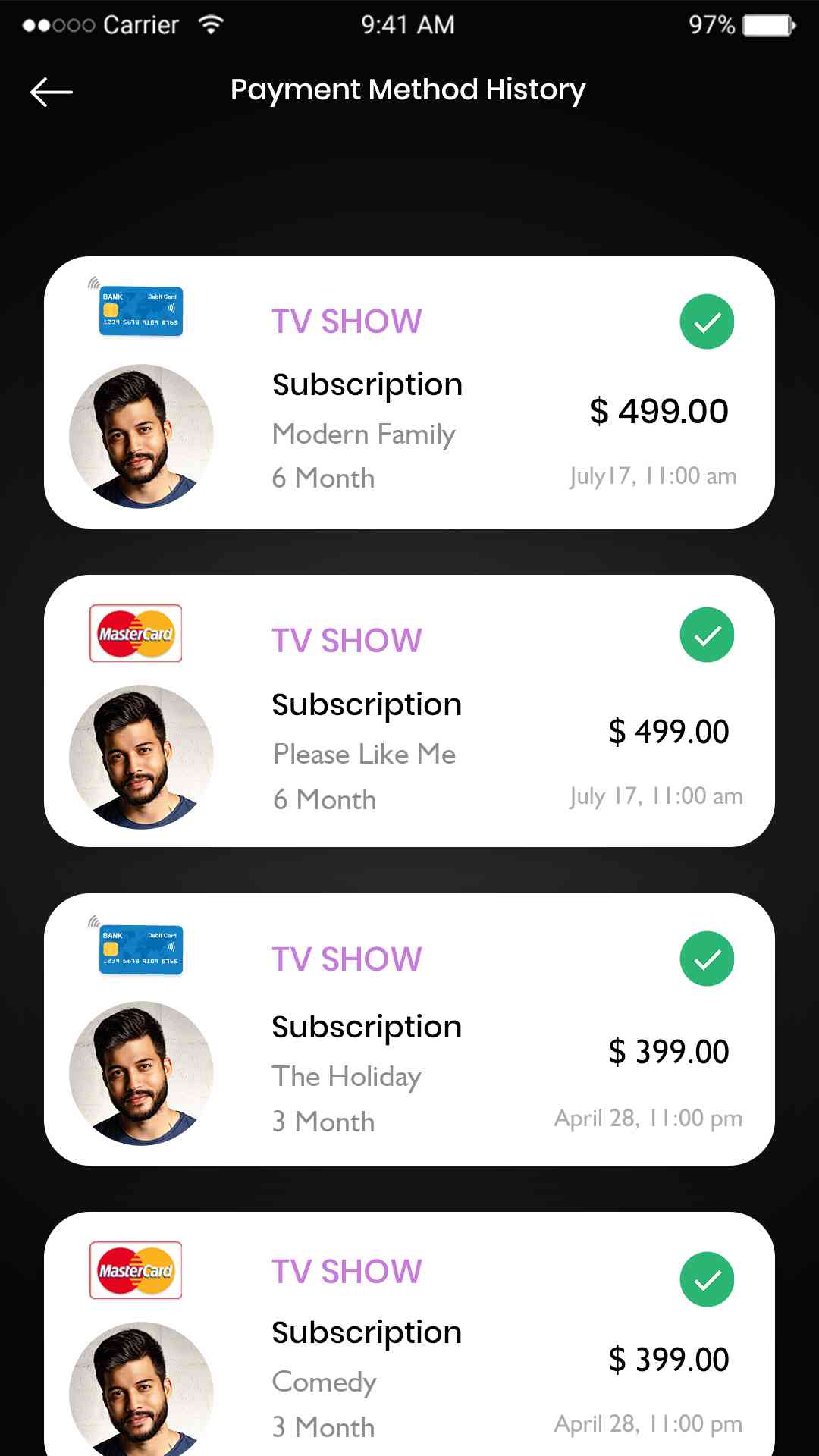 UsTvNow Clone App Script: Payment History Screen