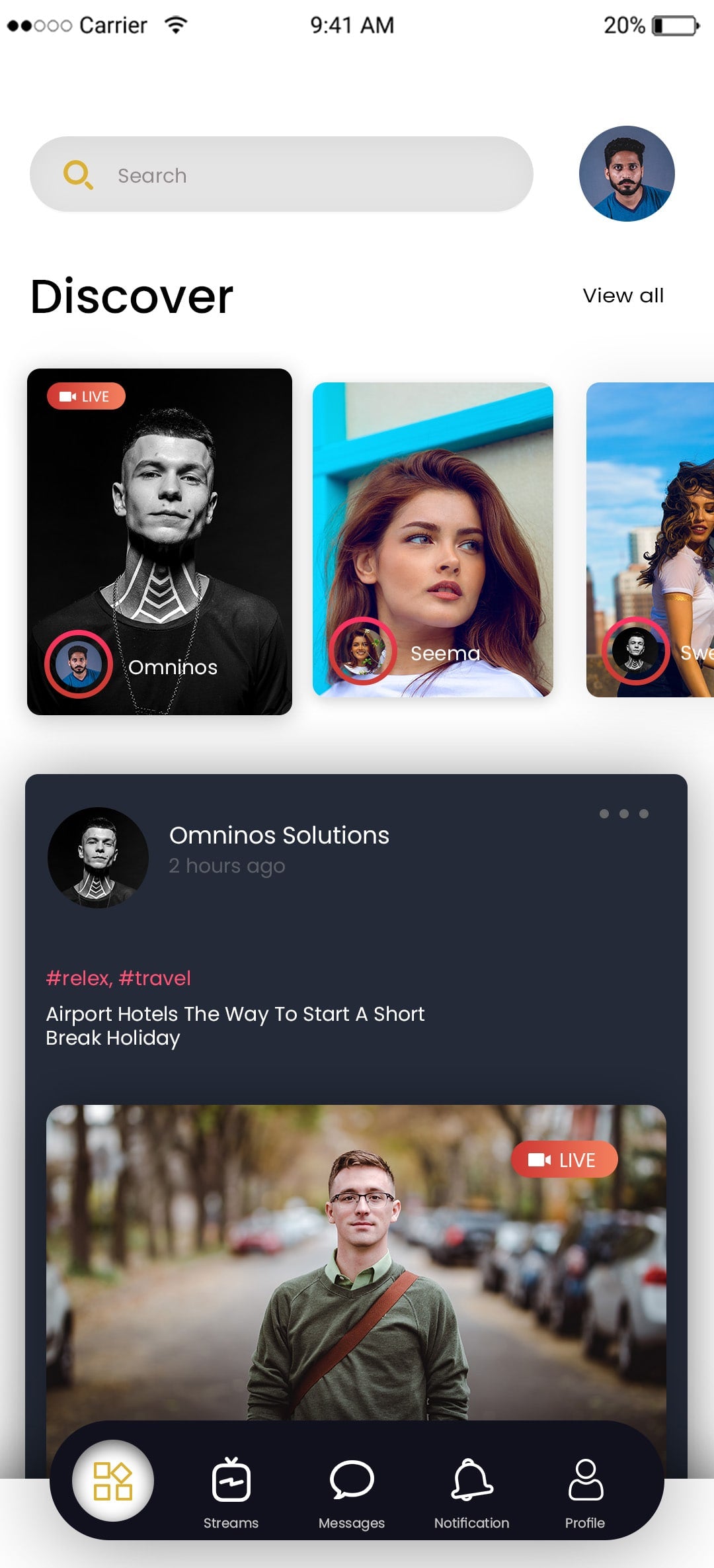 Snapchat Clone App Discover Live Videos Screen