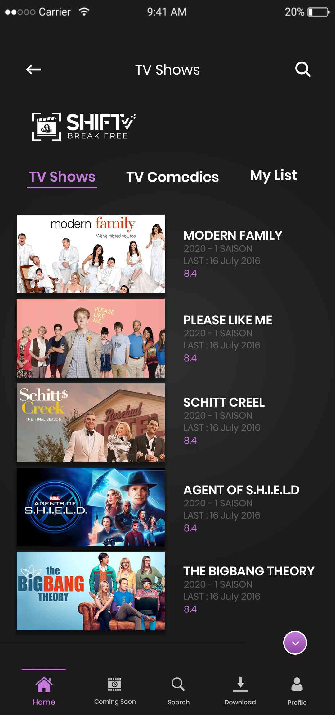 Live Net TV Clone: Tv Shows Screen