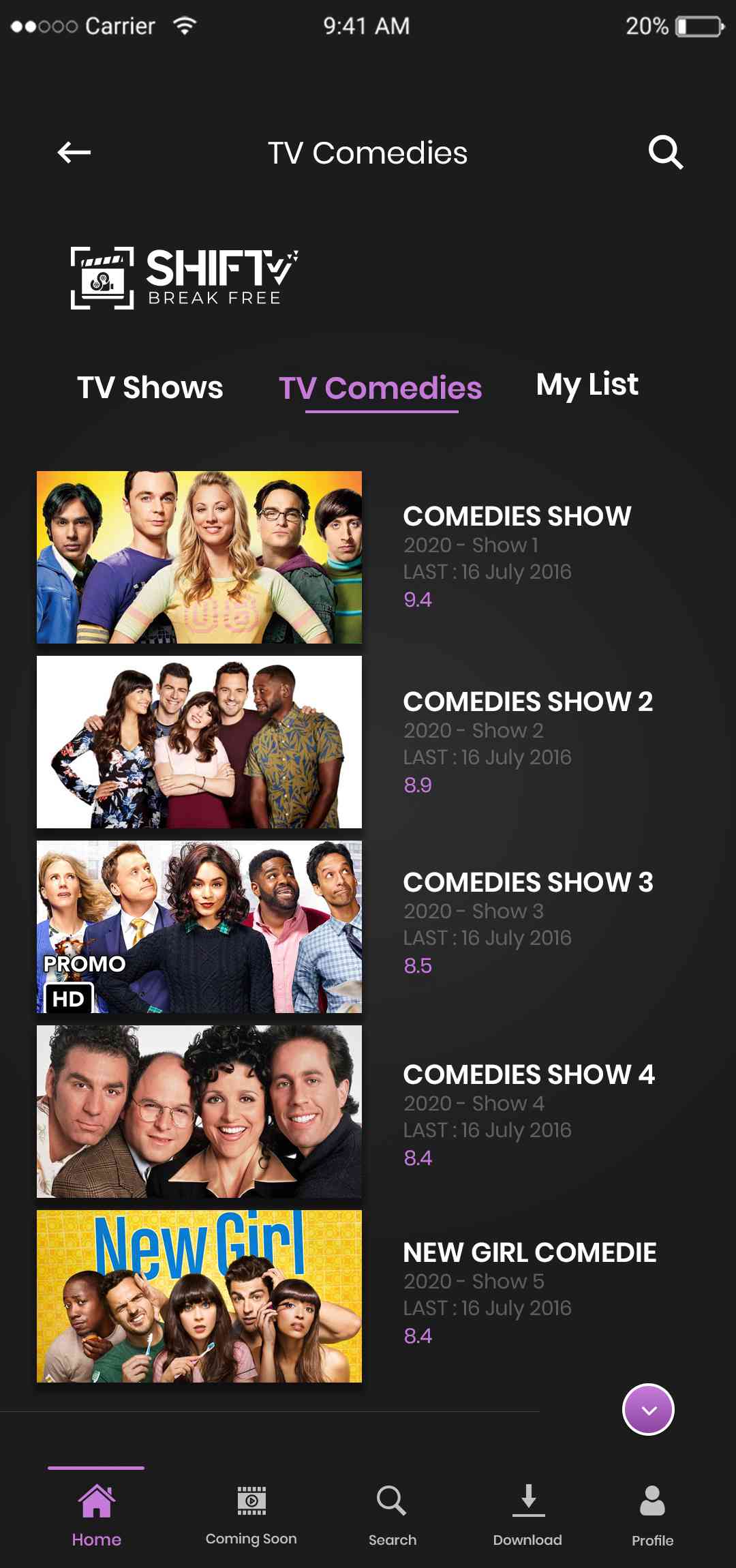 UsTvNow Clone App Script: TV Comedies Screen