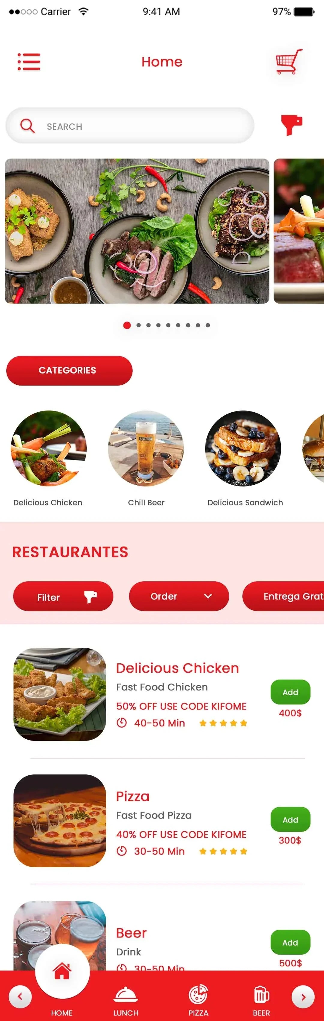 Home Screen, We update the eater with order status and other details.