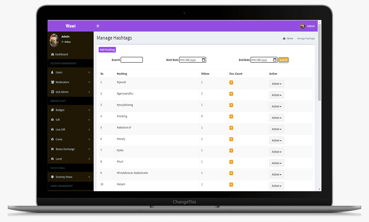 WhatsApp Clone app admin panel script  modules, chart and side menu