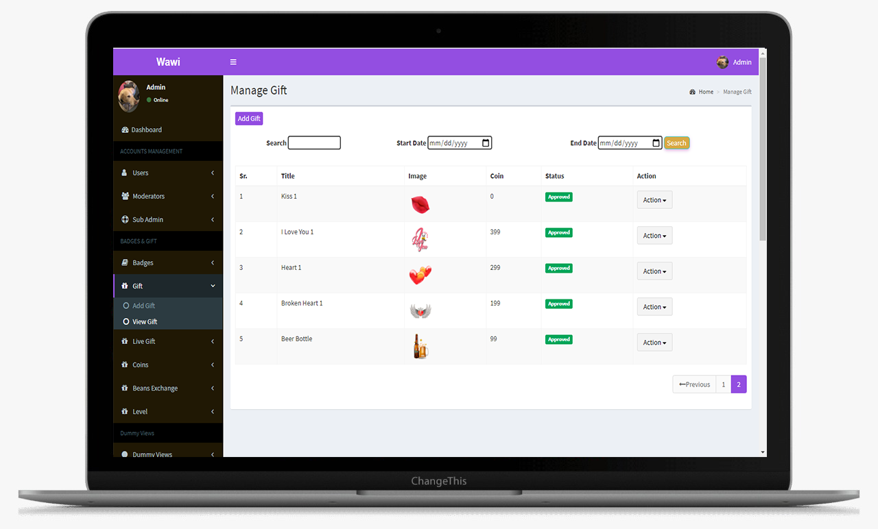 Twitch Live Clone App Admin Panel Manage Gift Screen 