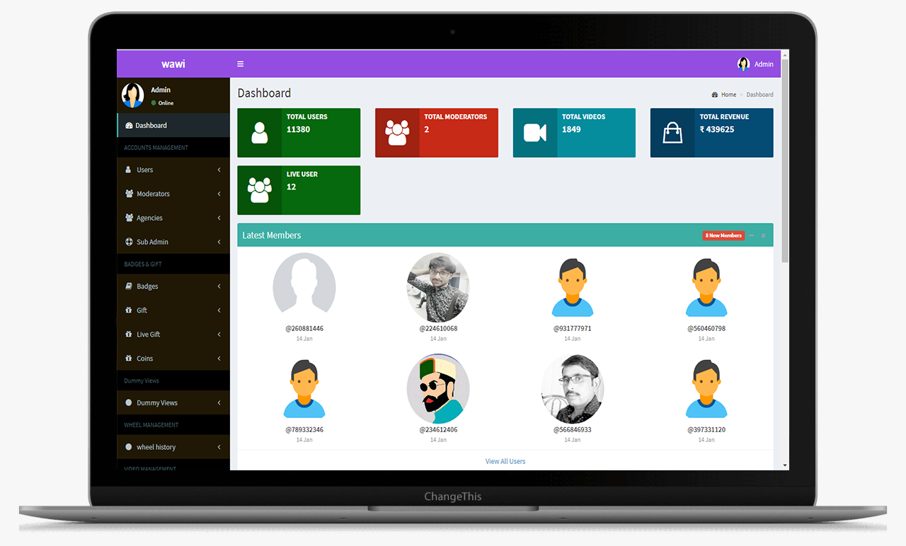 Blockonomics Clone Admin Panel modules chart and side menu