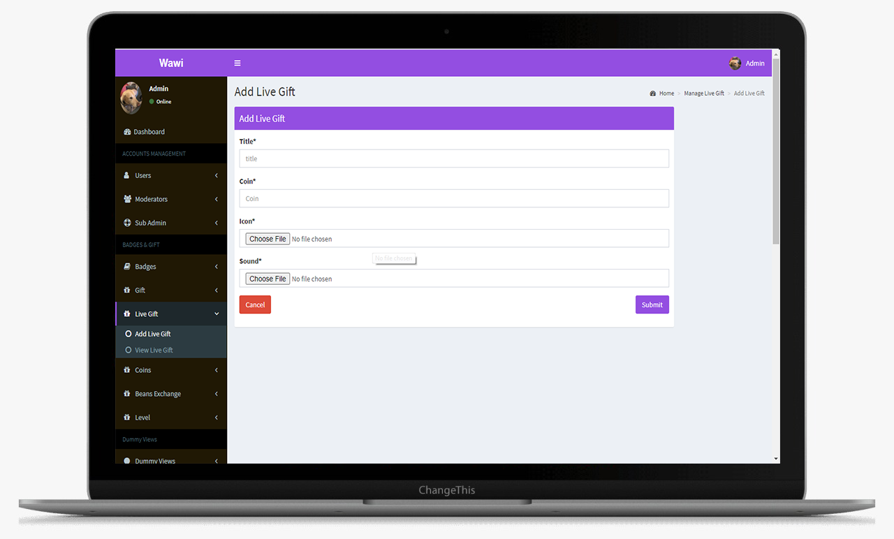 Blockonomics Clone Admin Panel modules chart and side menu