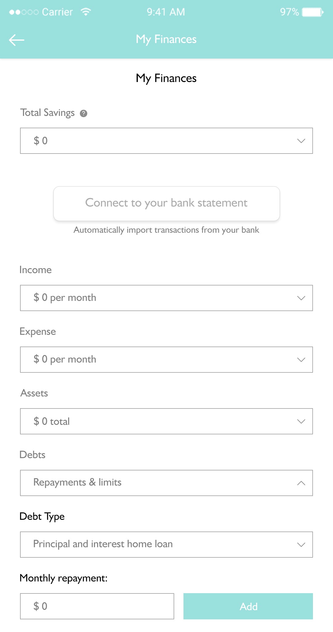 zellow clone finances screen 